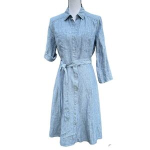 Max Studio Linen Blue Belted Button Down Shirt Dress Size Small